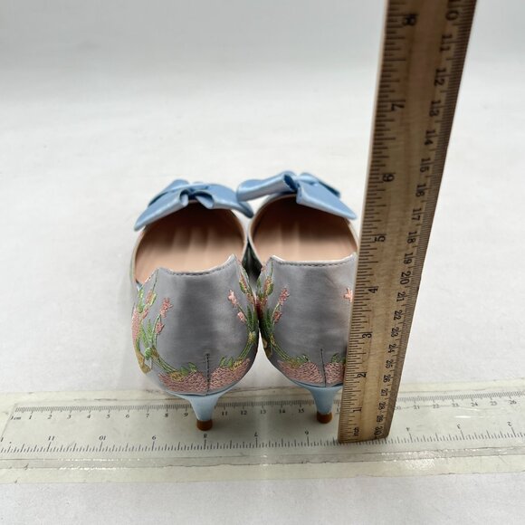 XYD Blue Flower Embroidery D'Orsay Kitten Heel Bridal Bowknot Pointed Toe Pumps - Picture 5 of 8